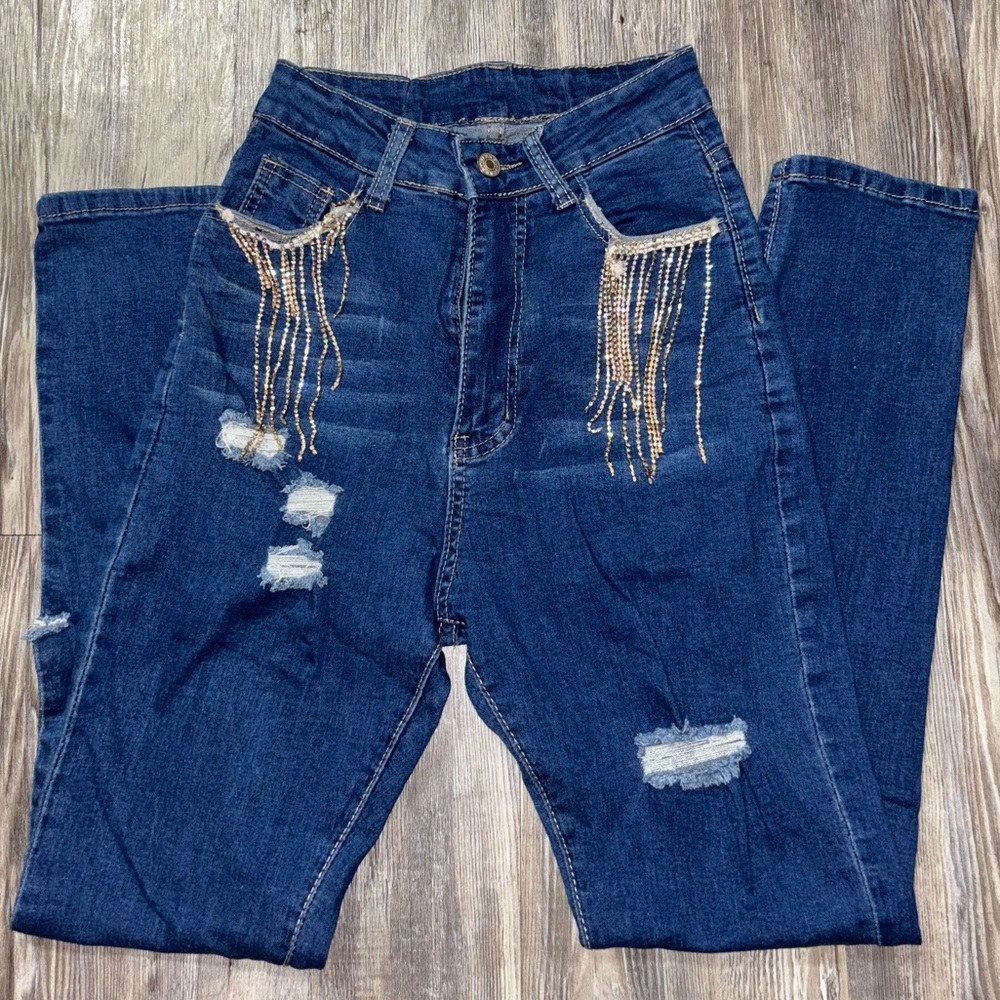🌼3/$10 SHEIN Rhinestone Trim High-Waisted Jeans
